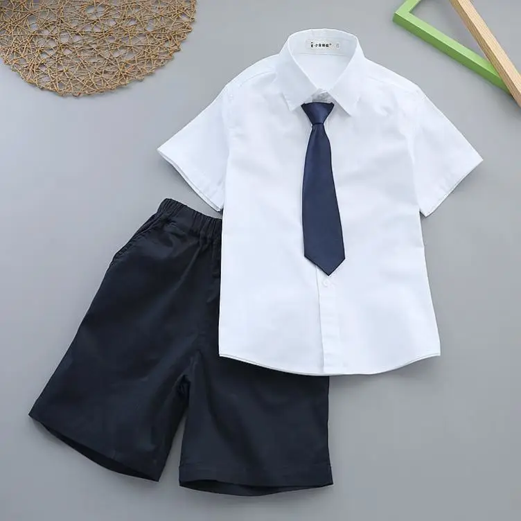 Boy's White Shirt & Black Pants Summer Suit with Red Tie