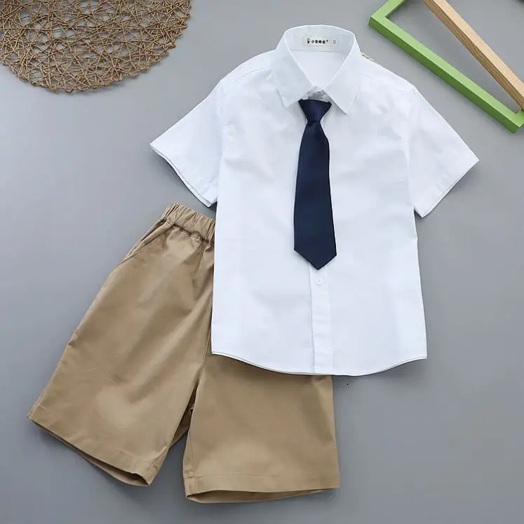 Boy's White Shirt & Black Pants Summer Suit with Red Tie