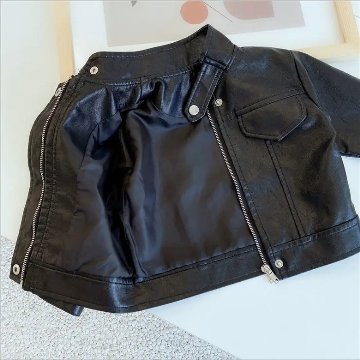 2022 Kids Leather Jacket Black Motorcycle Style Casual