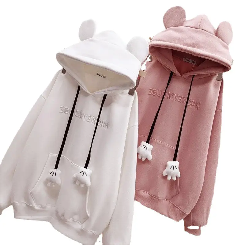 Women's Fleece Hoodie White Pink Bear Ears Loose Fit