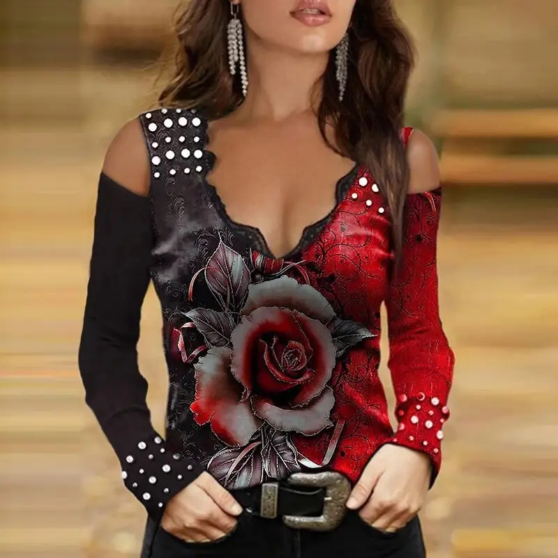 2021 Rose Butterfly Printed Off-Shoulder V-Neck T-Shirt Purple - Image 12