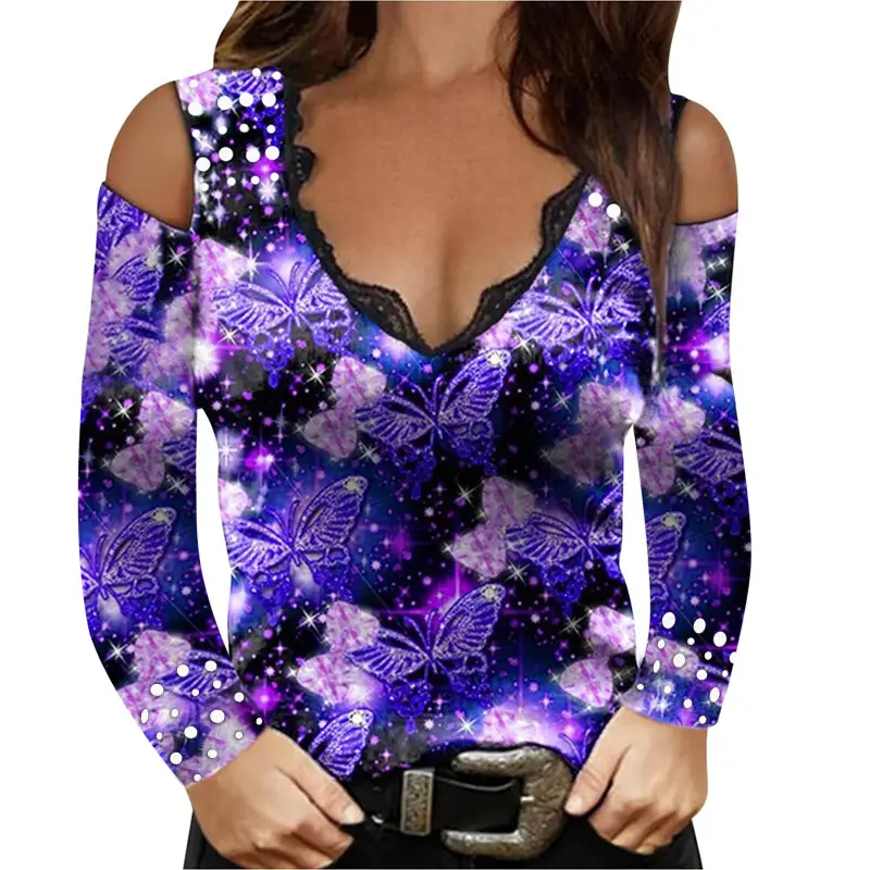 2021 Rose Butterfly Printed Off-Shoulder V-Neck T-Shirt Purple - Image 14