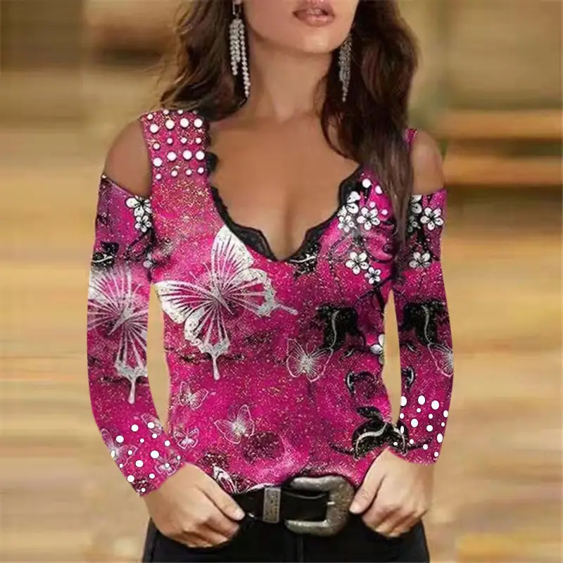 2021 Rose Butterfly Printed Off-Shoulder V-Neck T-Shirt Purple - Image 3