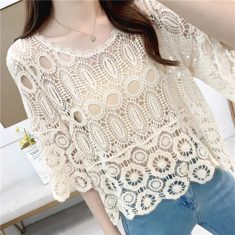 Women's White Lace Cardigan Top with Short Sleeves - Image 32