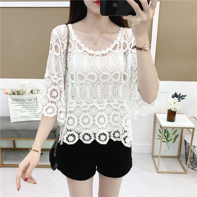Women's White Lace Cardigan Top with Short Sleeves - Image 33