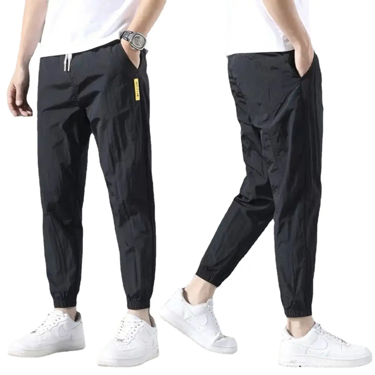 Men Grey Ice Silk Leg Tie Pants Summer Casual - Image 8