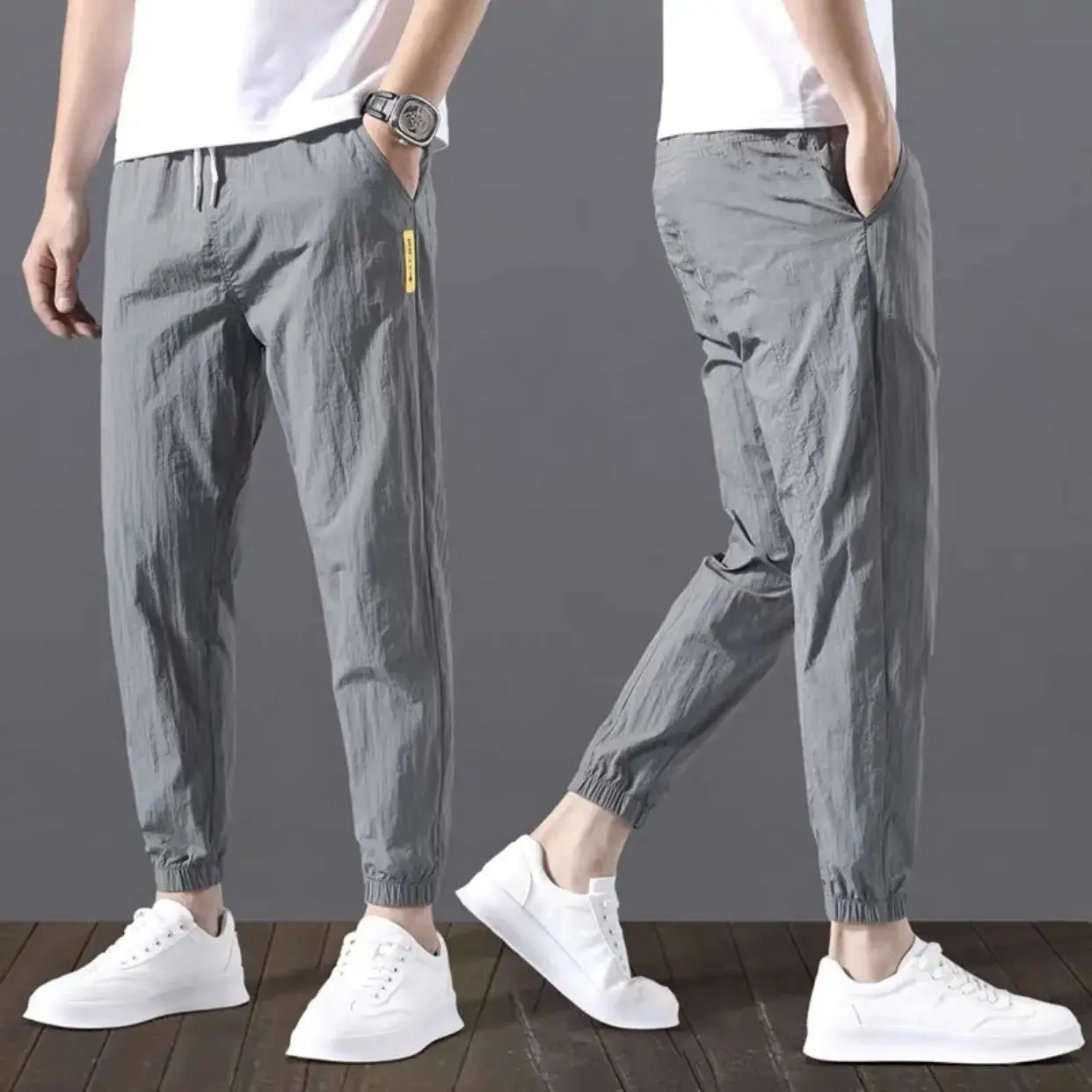 Men Grey Ice Silk Leg Tie Pants Summer Casual - Image 2