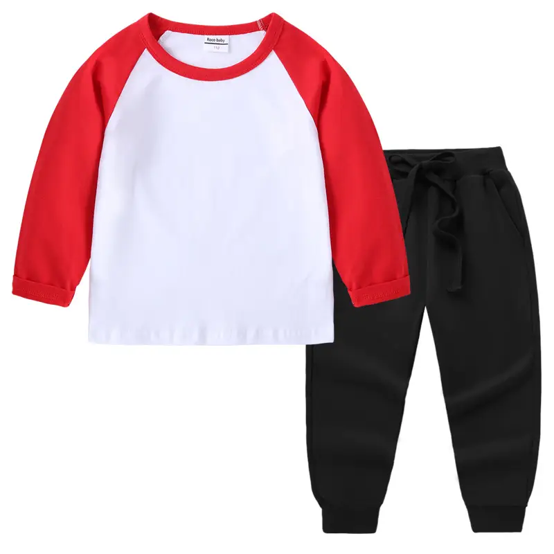 Kids Cotton Long Sleeve T-Shirt Red White Pink Black Pants Set - Image 10