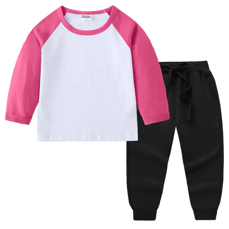 Kids Cotton Long Sleeve T-Shirt Red White Pink Black Pants Set - Image 26