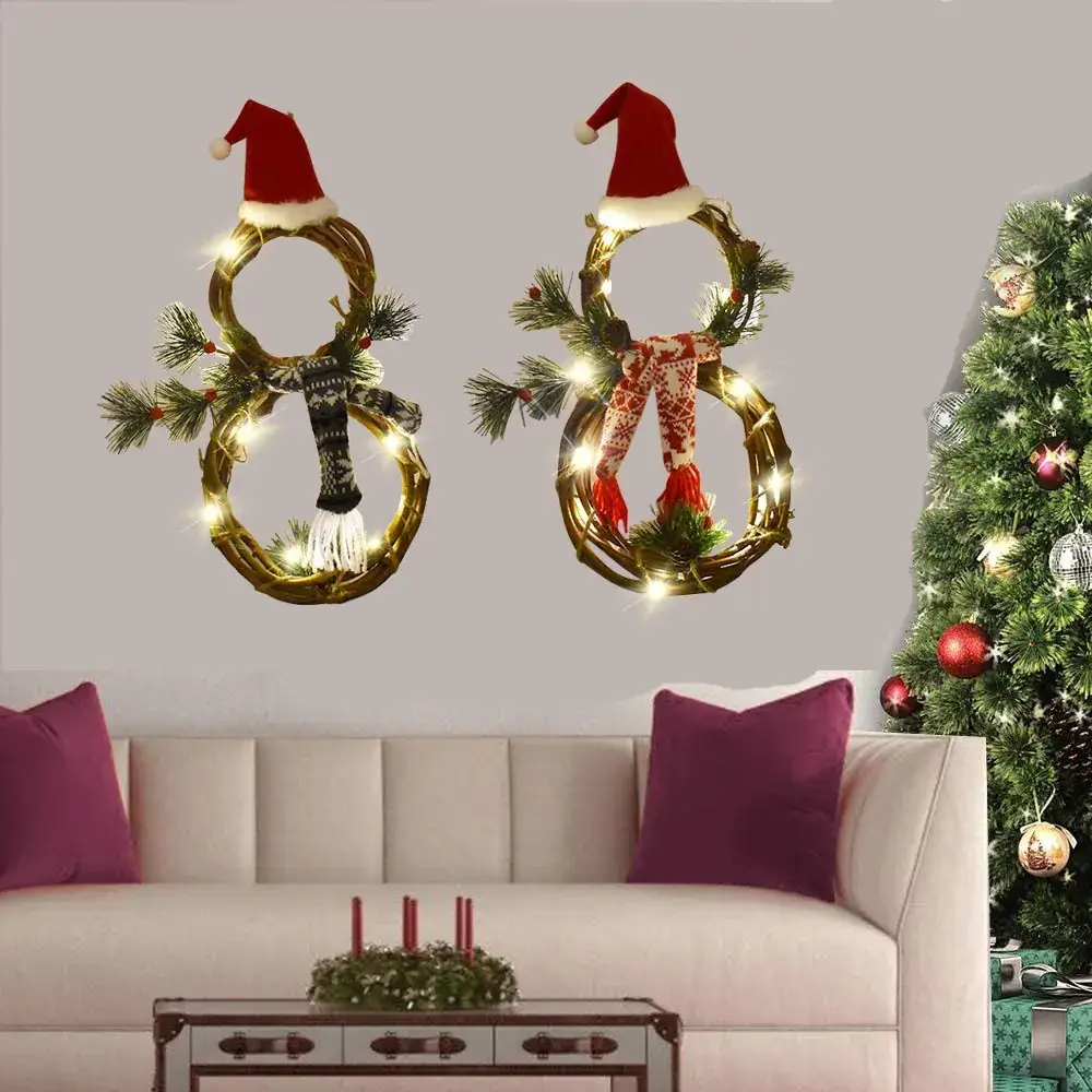 Christmas Lighted Rattan Wreath with Hat and Scarf - Image 4