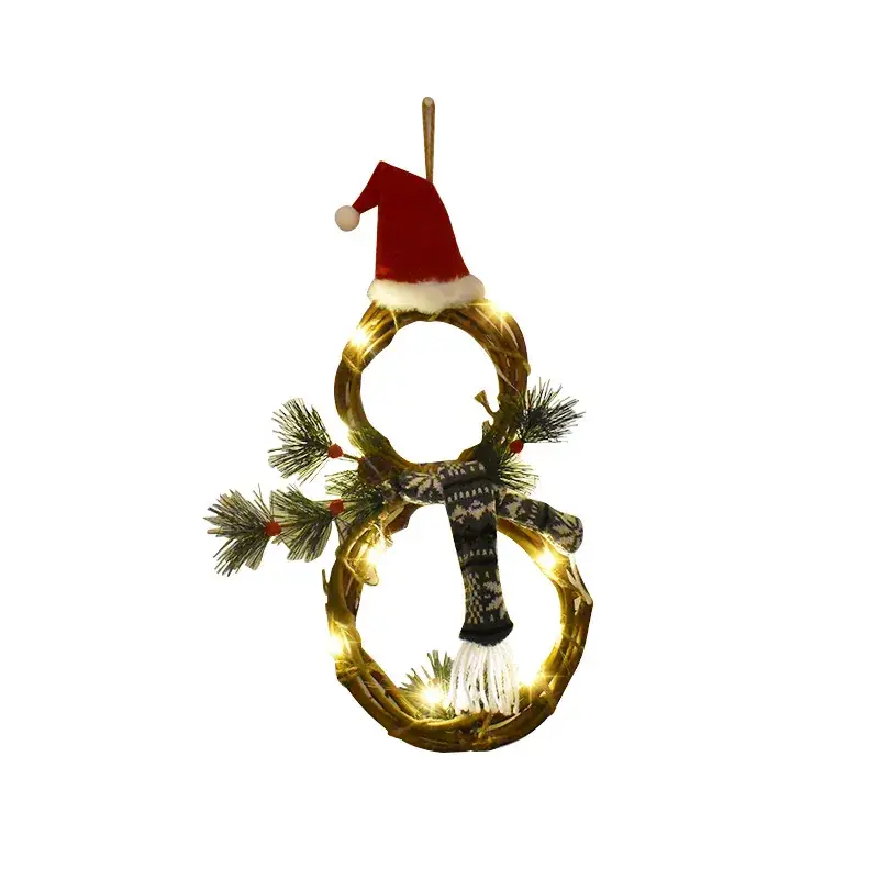 Christmas Lighted Rattan Wreath with Hat and Scarf