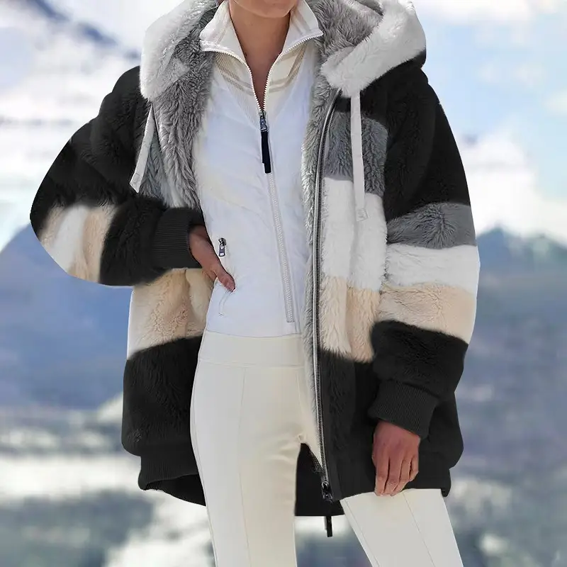 Women Hooded Jacket Red White Gray Brown Zip Front