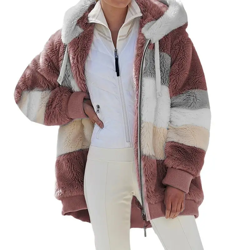 Women Hooded Jacket Red White Gray Brown Zip Front