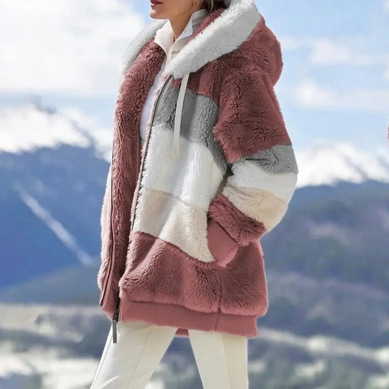 Women Hooded Jacket Red White Gray Brown Zip Front — feature 12