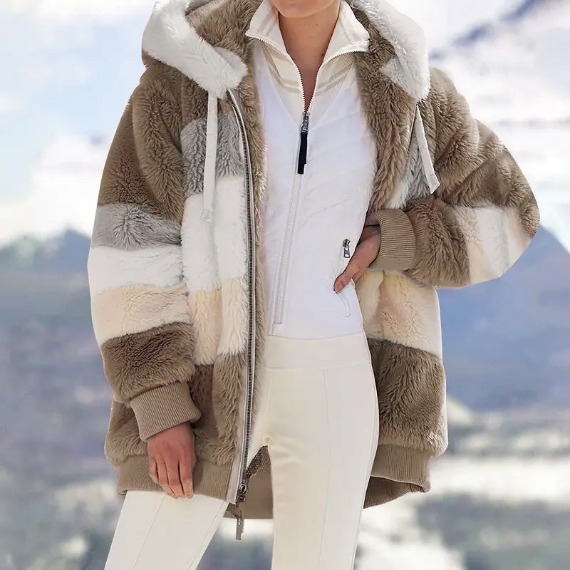 Women Hooded Jacket Red White Gray Brown Zip Front — feature 13