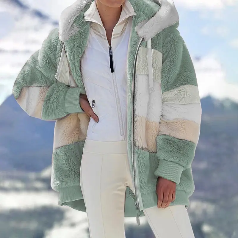 Women Hooded Jacket Red White Gray Brown Zip Front — feature 15