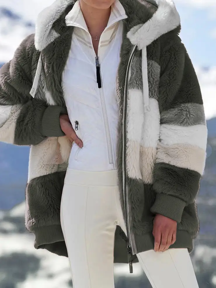 Women Hooded Jacket Red White Gray Brown Zip Front — feature 17