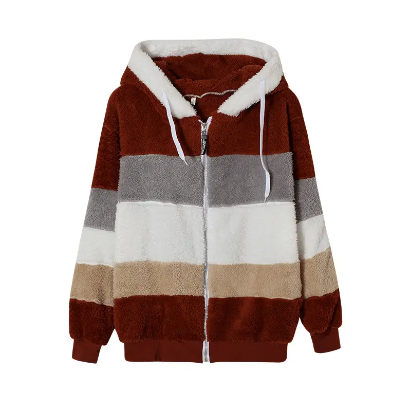 Women Hooded Jacket Red White Gray Brown Zip Front — feature 22