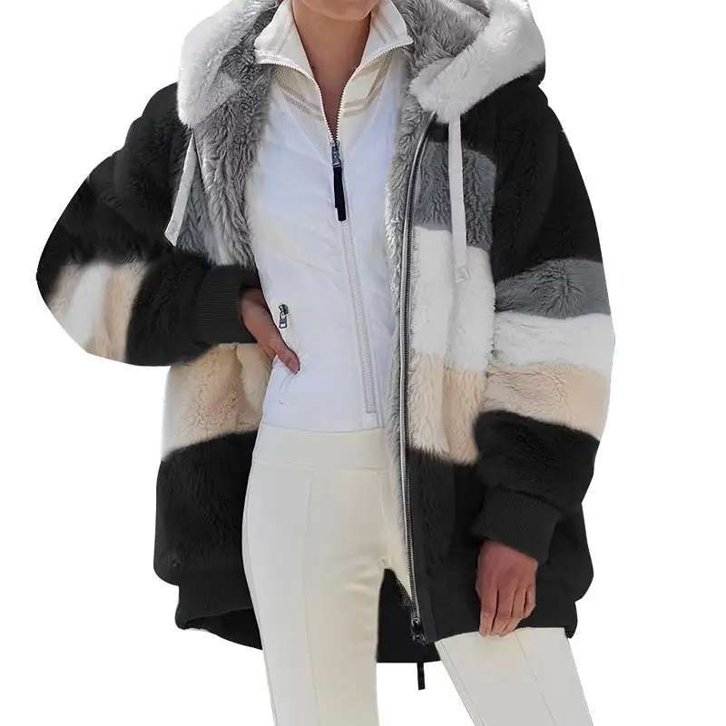 Women Hooded Jacket Red White Gray Brown Zip Front — feature 7