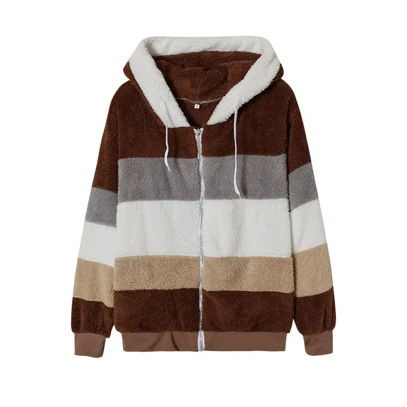 Women Hooded Jacket Red White Gray Brown Zip Front