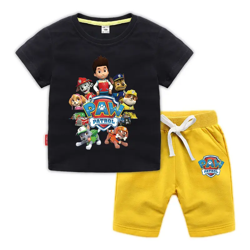 2023 Kids Cotton T-Shirt Shorts Set Wang Wang Team Black Yellow - Image 3