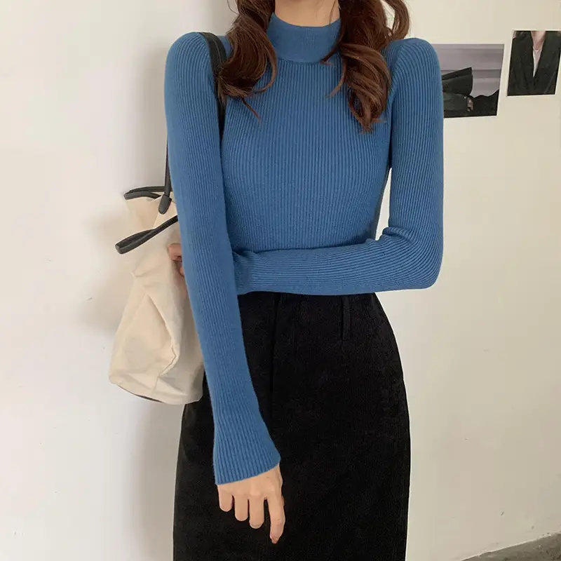 Women's Pink Knitted Half-High Collar Shirt with White Pants