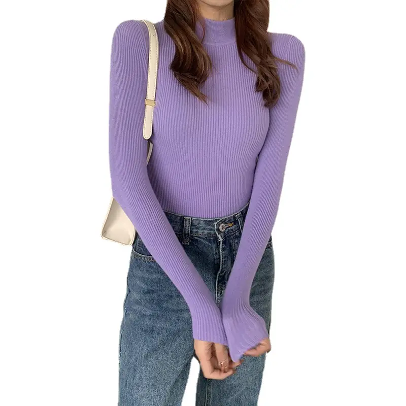 Women's Pink Knitted Half-High Collar Shirt with White Pants