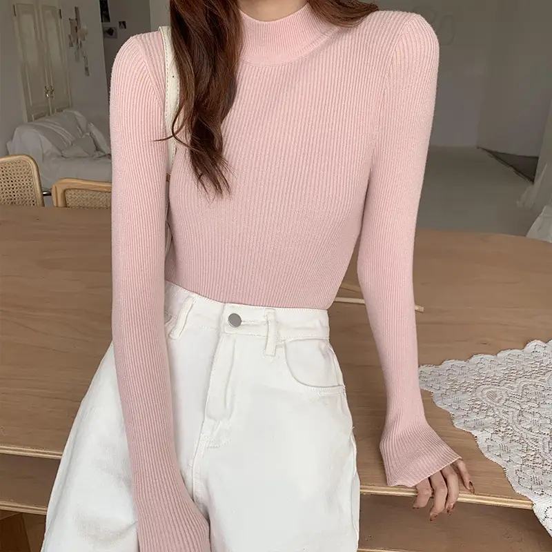 Women's Pink Knitted Half-High Collar Shirt with White Pants