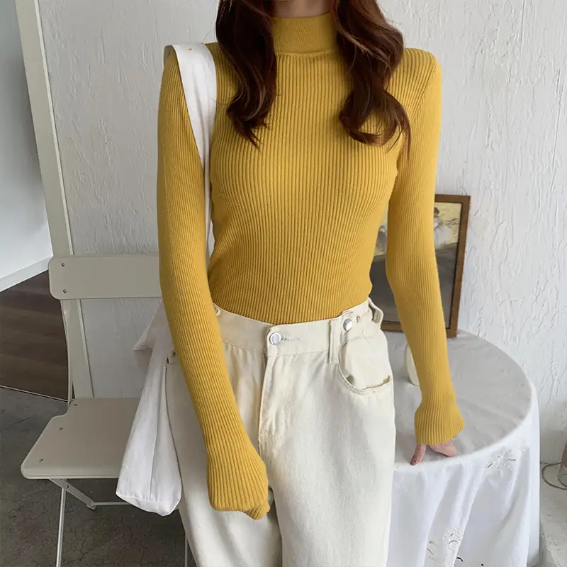Women's Pink Knitted Half-High Collar Shirt with White Pants