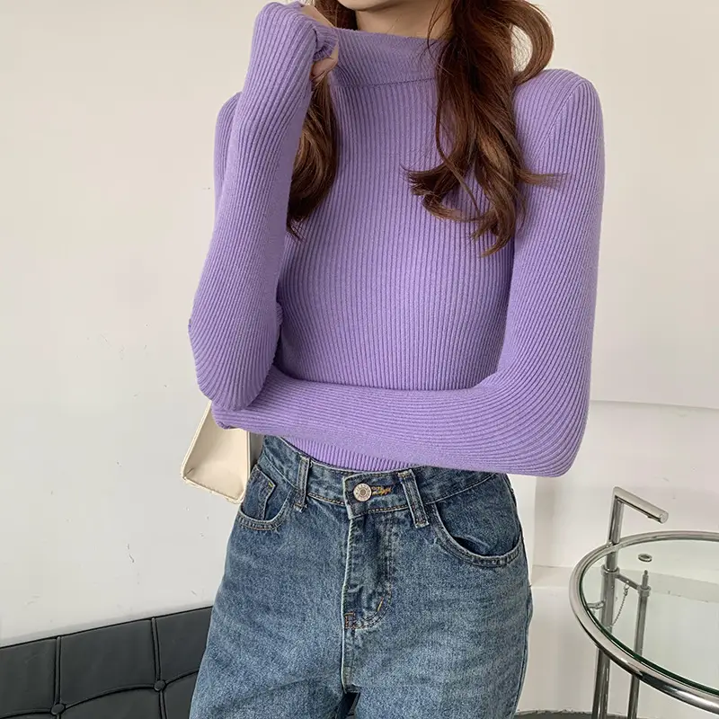 Women's Pink Knitted Half-High Collar Shirt with White Pants