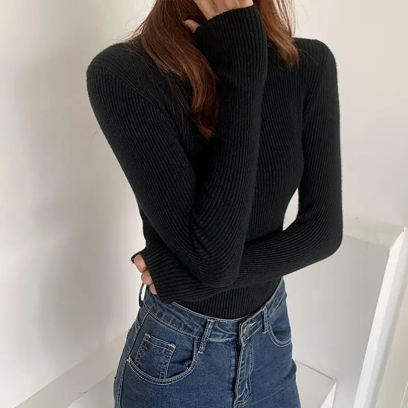 Women's Pink Knitted Half-High Collar Shirt with White Pants