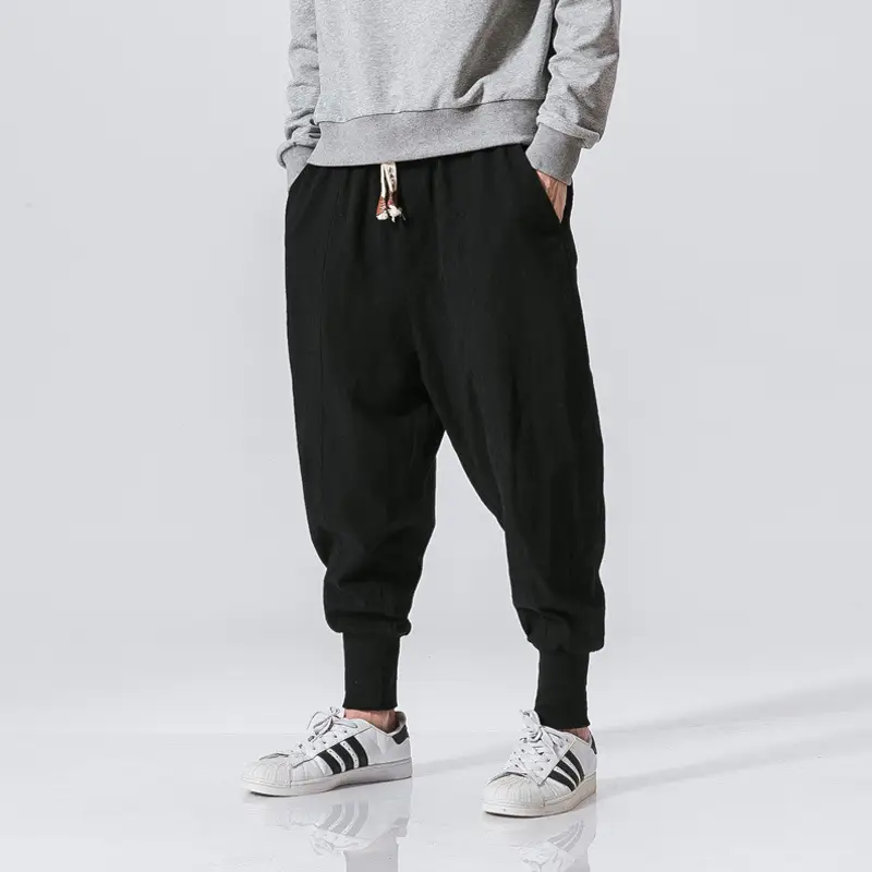Men's 2024 Casual Pants Black Red Blue Cotton Linen Suspenders Cropped - Image 10