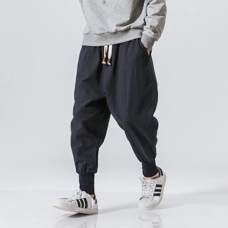 Men's 2024 Casual Pants Black Red Blue Cotton Linen Suspenders Cropped - Image 11