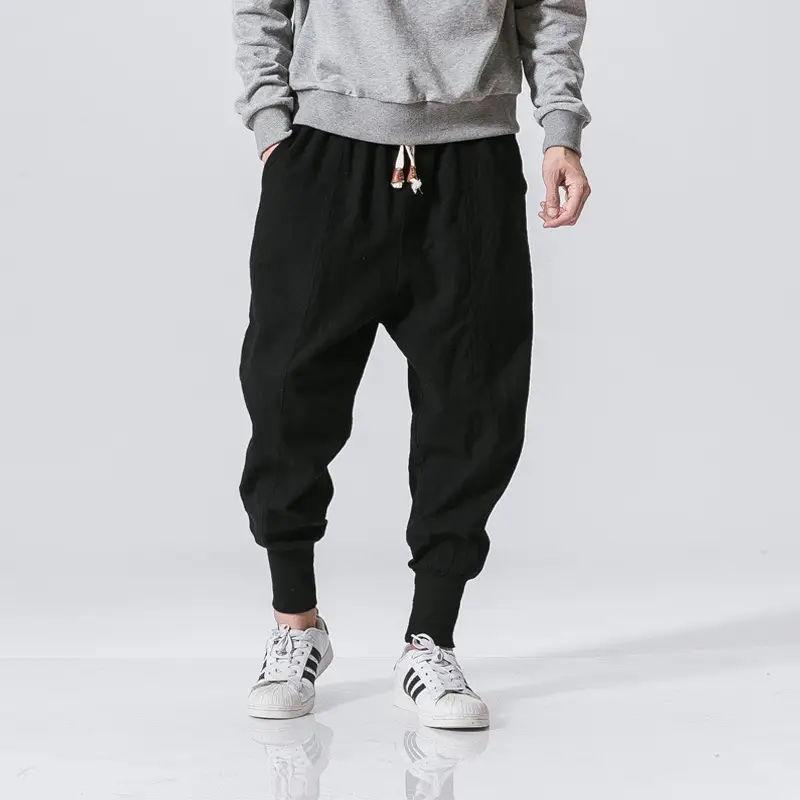 Men's 2024 Casual Pants Black Red Blue Cotton Linen Suspenders Cropped - Image 12