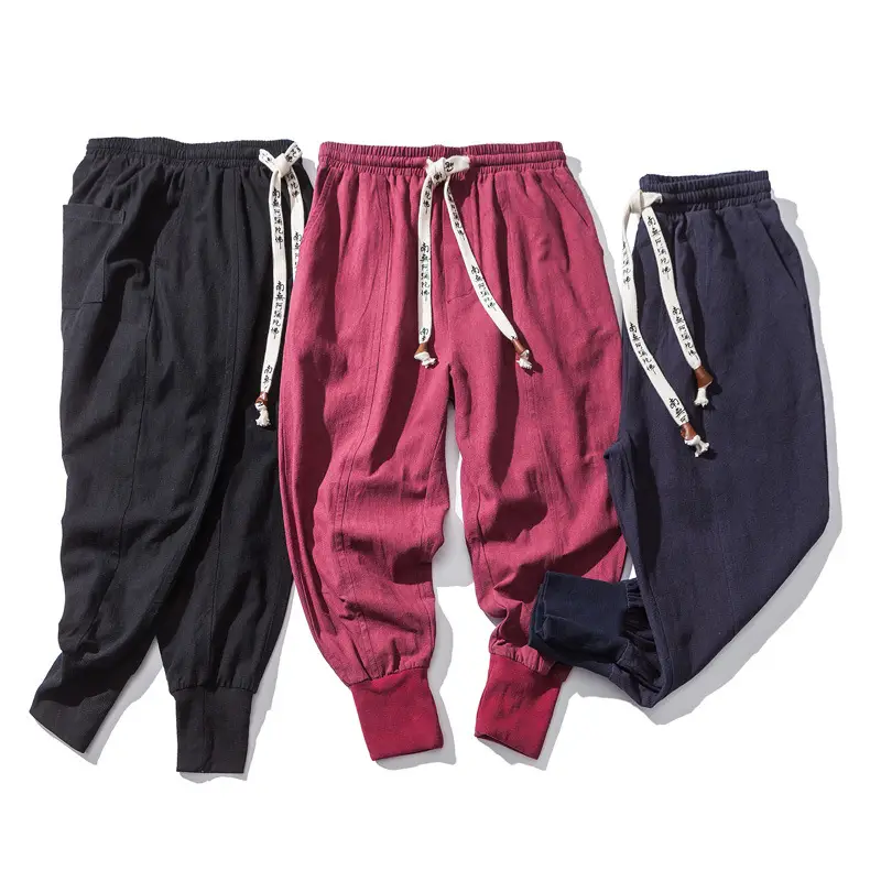Men's 2024 Casual Pants Black Red Blue Cotton Linen Suspenders Cropped - Image 14