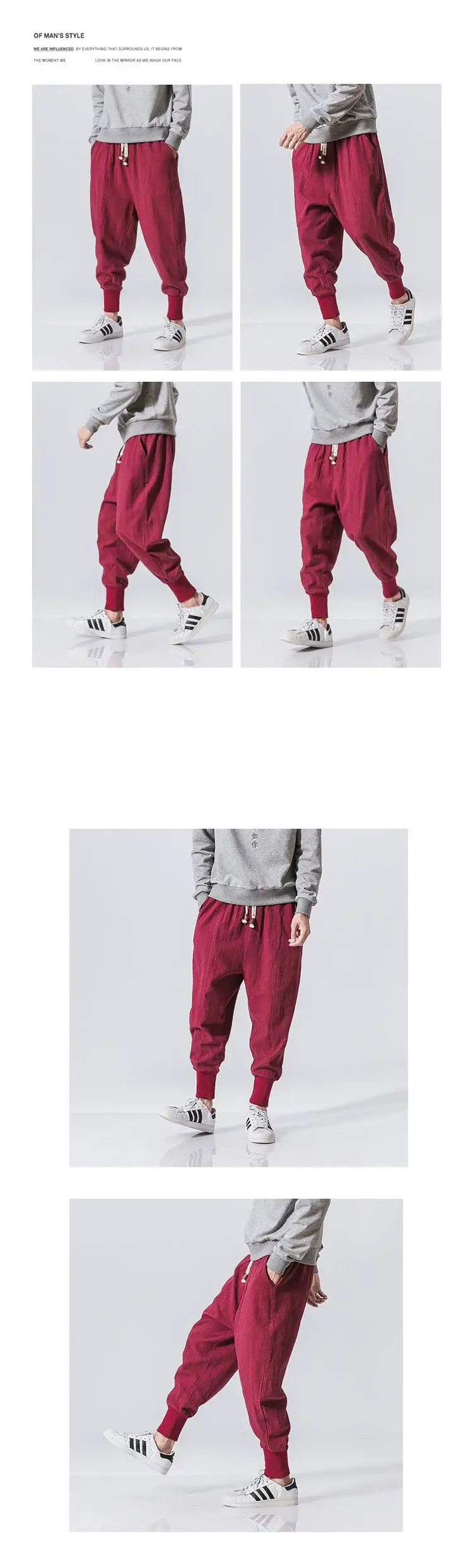 Men's 2024 Casual Pants Black Red Blue Cotton Linen Suspenders Cropped — feature 6