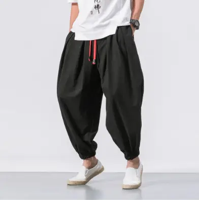 Men's 2024 Casual Pants Black Red Blue Cotton Linen Suspenders Cropped - Image 7