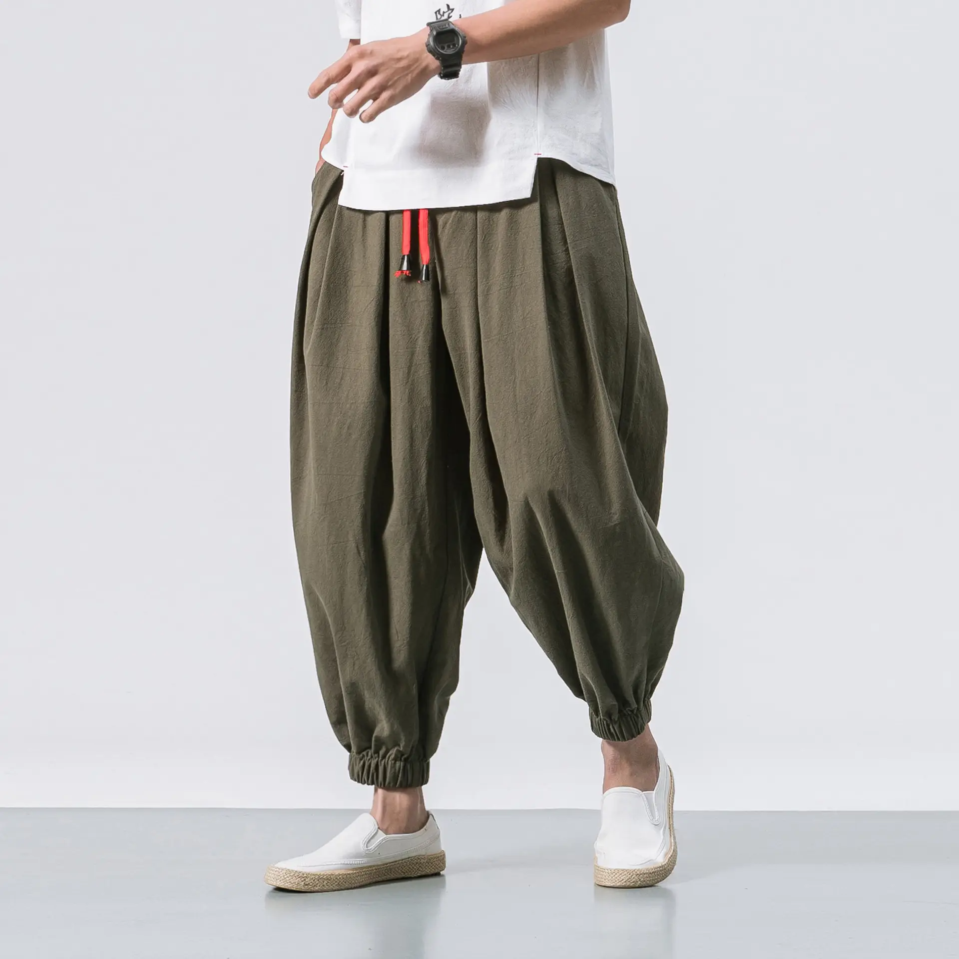 Men's 2024 Casual Pants Black Red Blue Cotton Linen Suspenders Cropped - Image 8