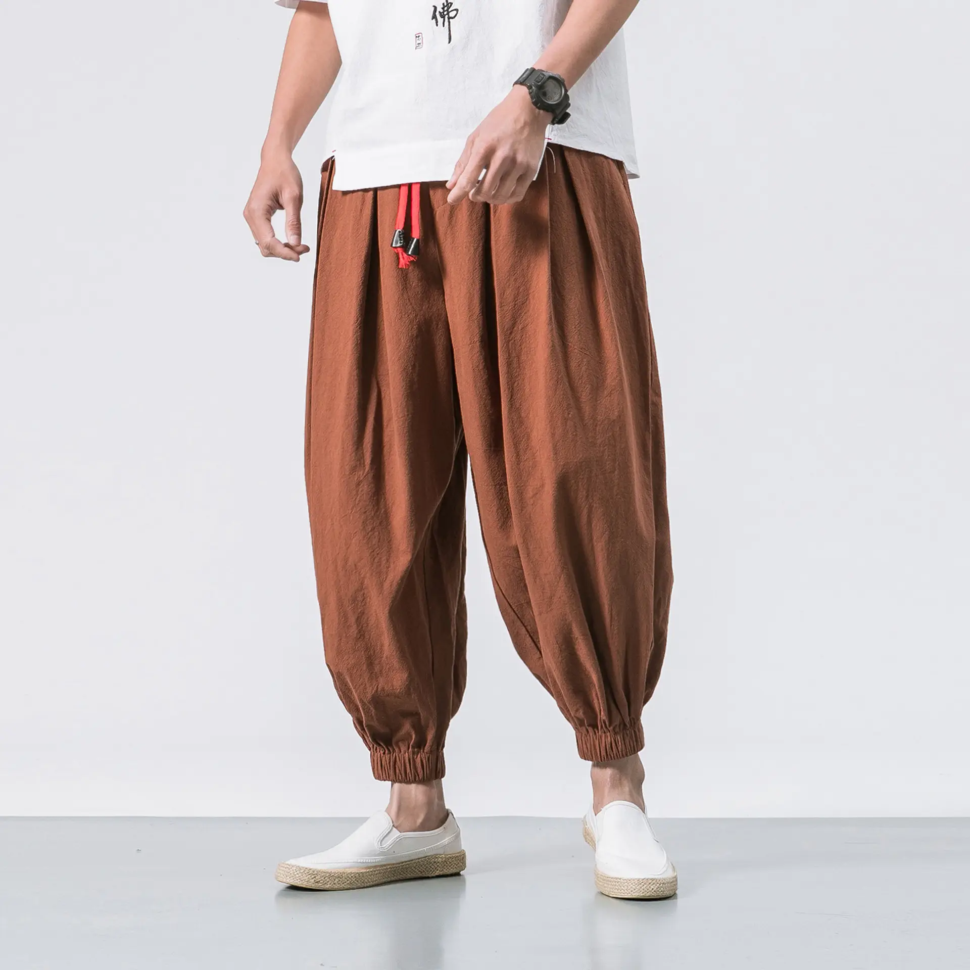 Men's 2024 Casual Pants Black Red Blue Cotton Linen Suspenders Cropped - Image 9