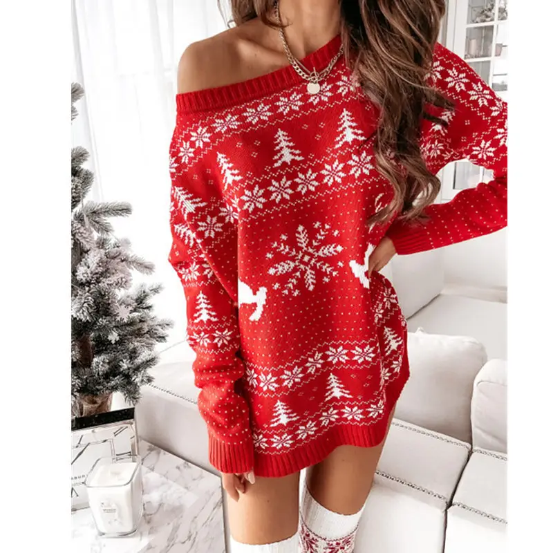2021 Women Knitted Red Winter Sweater Dress