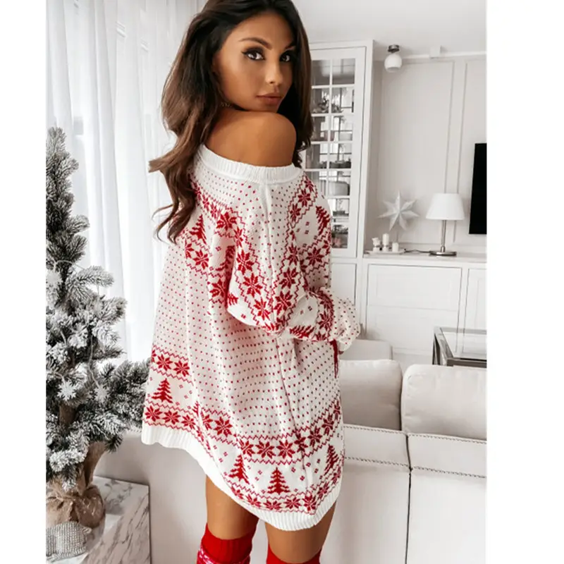 2021 Women Knitted Red Winter Sweater Dress