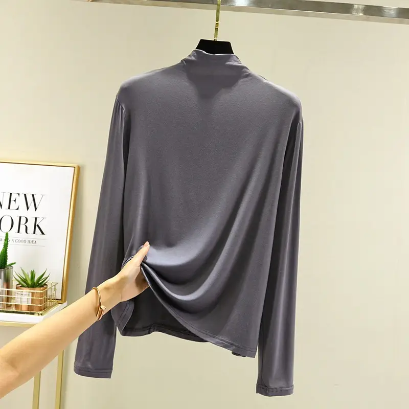 Women's Brown High Collar Long Sleeve Shirt Large - Image 3