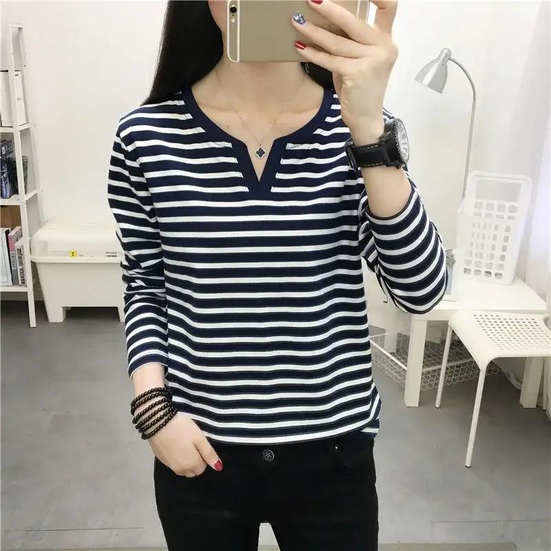 Plus Size Striped Long Sleeve T-Shirt Women - Image 179