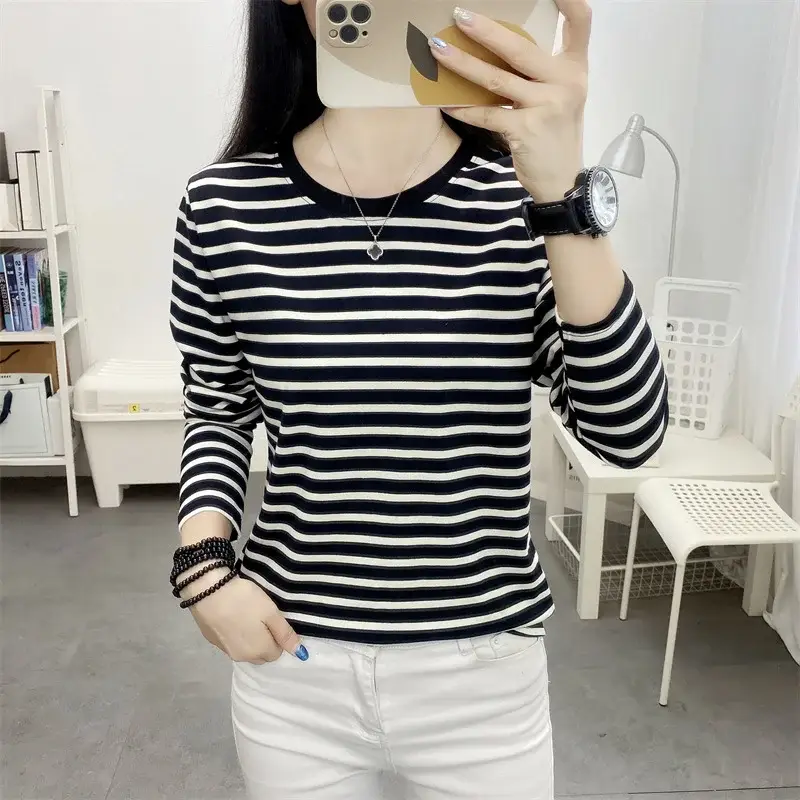 Plus Size Striped Long Sleeve T-Shirt Women - Image 40
