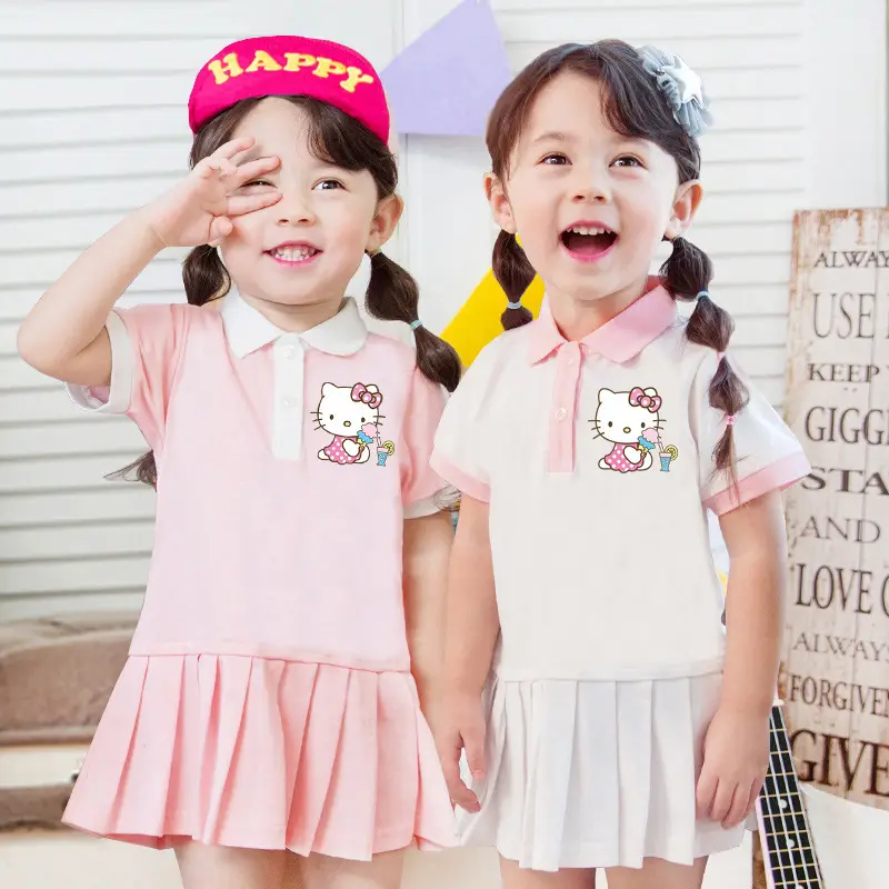 Girls Pink Hello Kitty Polo Shirt with Pleated Skirt - Image 4
