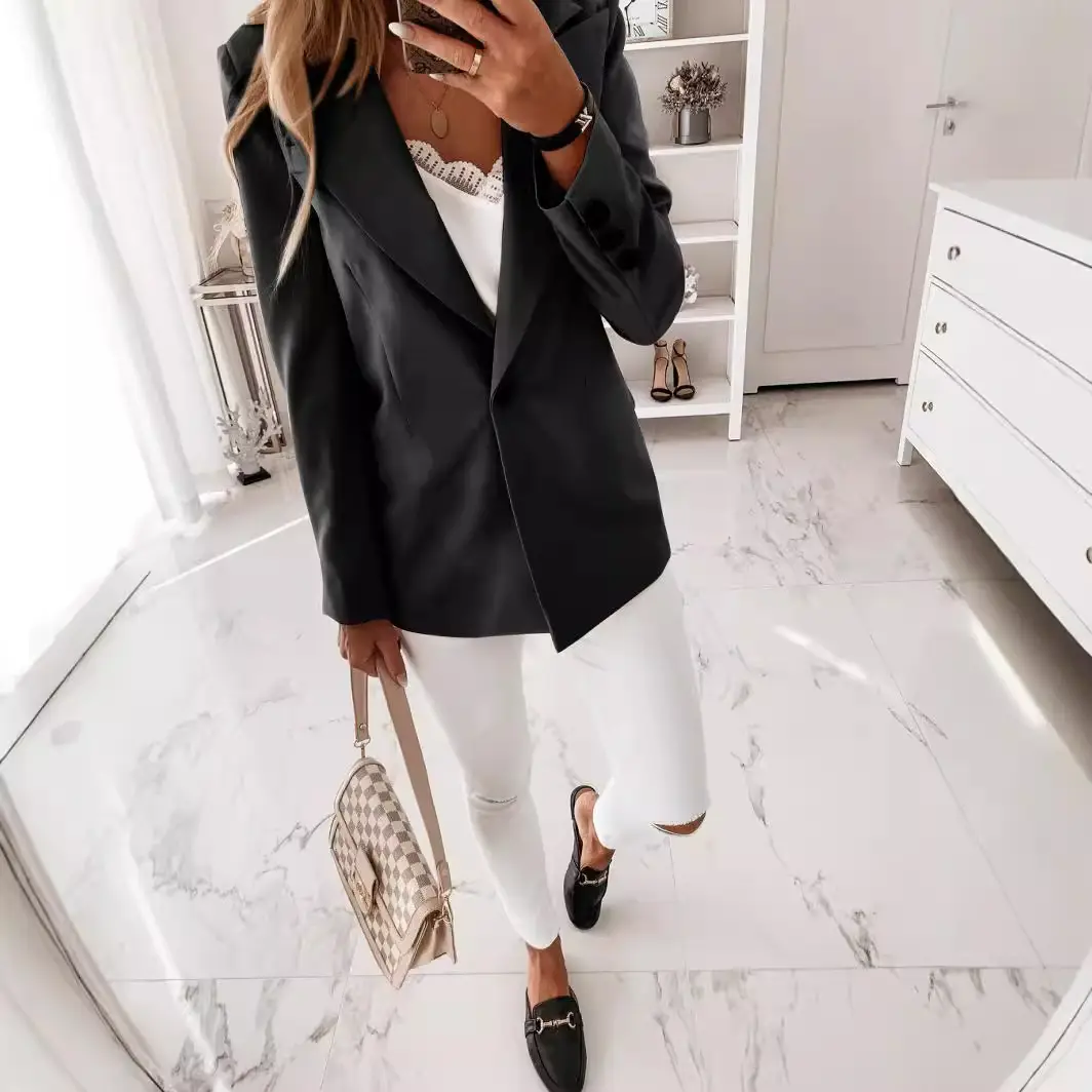 2024 Long Sleeve Collar Button Suit Beige White Pants - Image 7