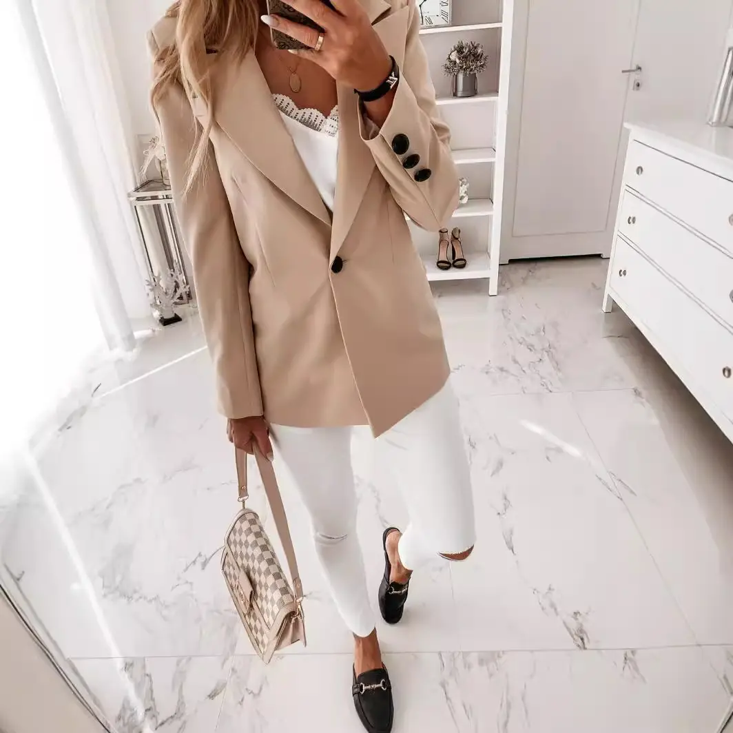 2024 Long Sleeve Collar Button Suit Beige White Pants - Image 8