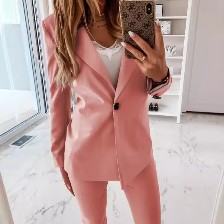 2024 Long Sleeve Collar Button Suit Beige White Pants - Image 9
