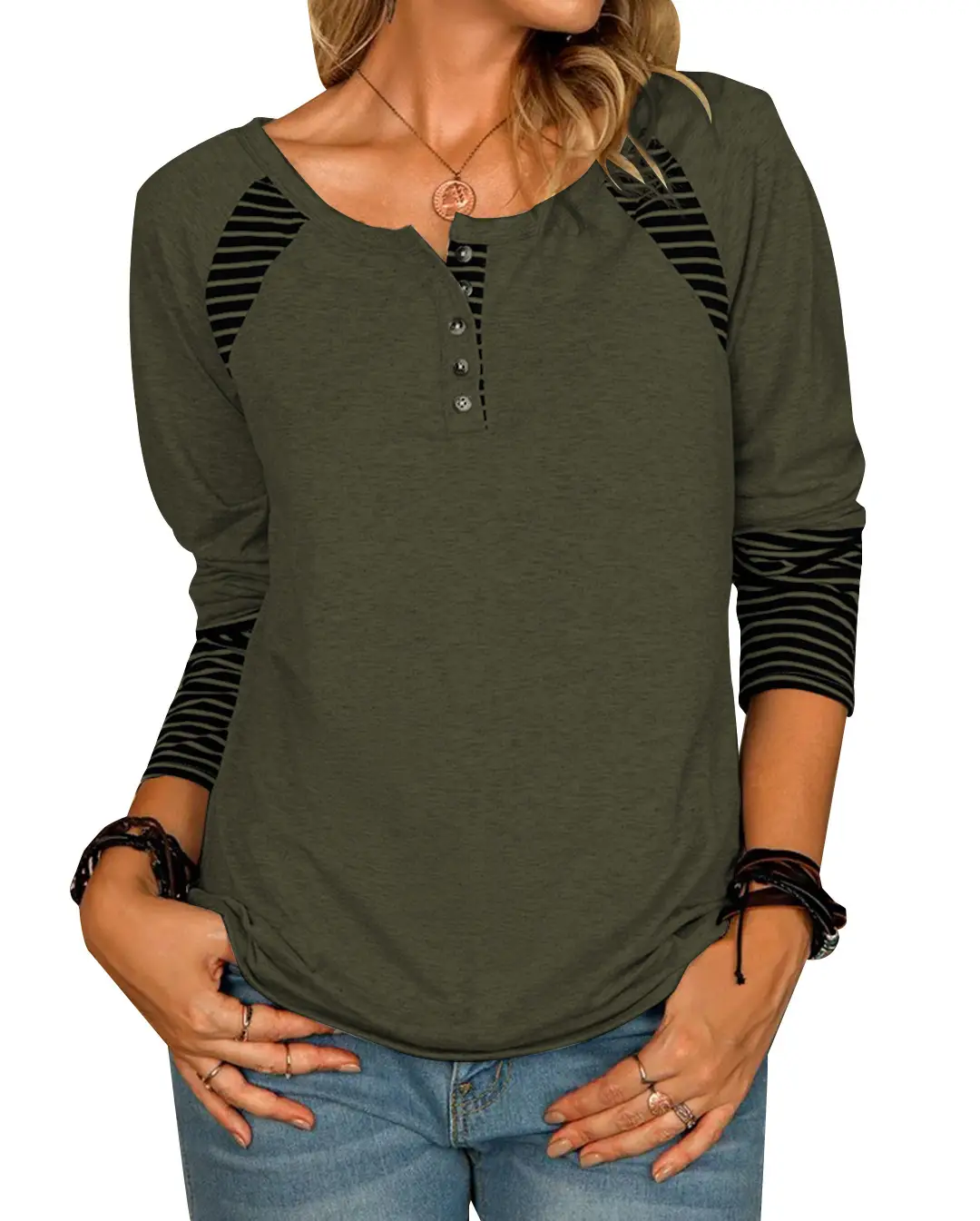 Women Long Sleeve Printed Striped Blue T-Shirt - Image 10