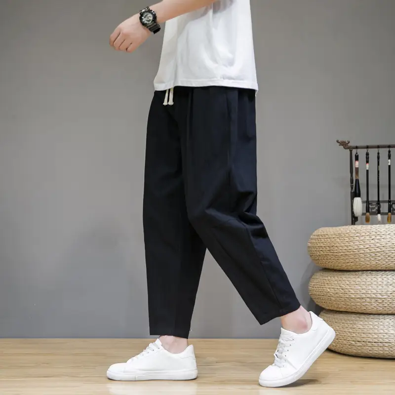 Men's Japanese Style Cotton Linen Cropped Pants Large - Image 7